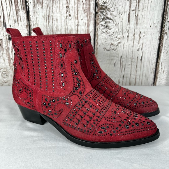 BiBi Lou Rhinestone Maroon Studded Embellished Leather Ankle Booties Boots SZ 38 - Picture 7 of 12